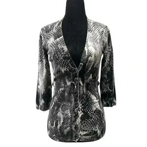 Ricki’s Cardigan Snakeskin Print V-Neck Button Front Fitted 3/4  Sleeves Grey XS